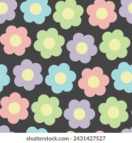 Retro pastel mod flowers black pattern. Classic retro shaped 6 petal flowers in pastel colors: pink, blue, green, yellow, purple.