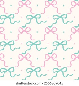 Retro Pastel Pink and Mint Wavy Bows Seamless Pattern Hand Drawn isolated on backgroud