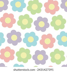 Retro pastel rainbow flowers pattern. Classic retro shaped 6 petal flowers in pastel colors: pink, blue, green, yellow, purple.