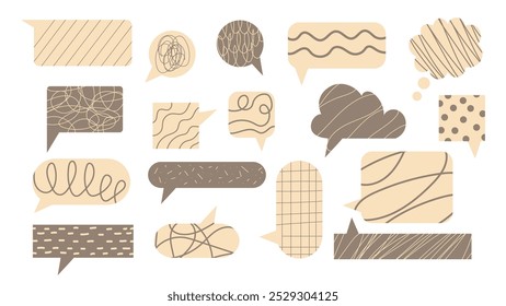 Retro pastel speech bubbles collectiont. Talk cloud icon in beige colors, sticker with scribble drawn texture inside. Vector illustration