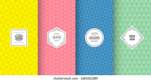 Retro pastel triangle patterns. Set of seamless vector patterns retro style color. Cute fashion background design. Patterns for birthday celebrations, kids invitation, scrapbooking. Retro colors set