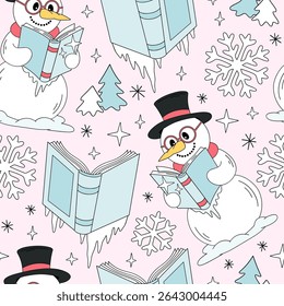Retro Pastel vector Seamless Pattern Featuring Snowman nerd Reading a Frozen Book on Light Pink Background. Perfect for holiday wrapping paper, winter stationery, fabric prints, and cozy Christmas