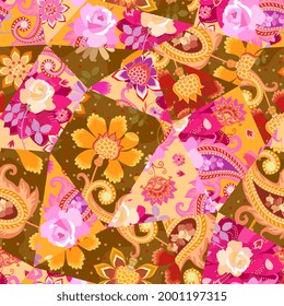 Retro patchwork pattern in ethnic style with paisley and flowers. Vector seamless pattern.