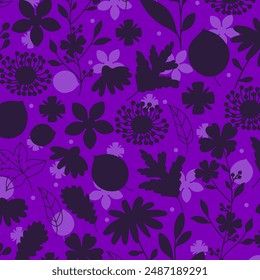 Retro patter with floral silhouettes. Hand drawn artistic field herbs in black ink. Vintage botanical florals.