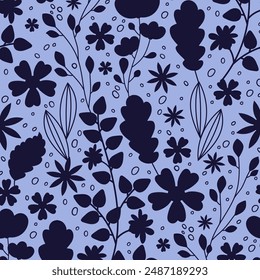 Retro patter with floral silhouettes. Hand drawn artistic field herbs in black ink. Vintage botanical florals.