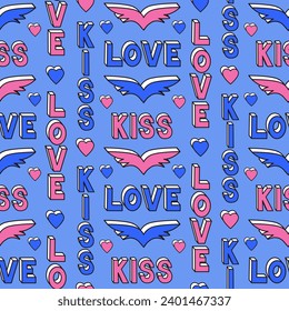 Retro pattern with 3d words LOVE and Kiss in 90s style. Three dimension words with hearts on blue background. Perfect for Valentines decoration, background. Valentines day concept