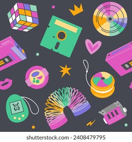 Retro pattern 90s. Various elements, objects in 90s style on a dark background. Vector illustration