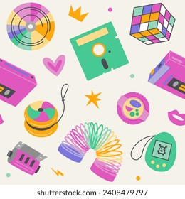 Retro pattern 90s. Various elements, objects in the style of the 90s. Vector illustration