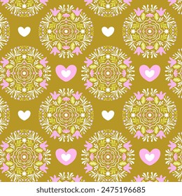 Retro-Muster mit abstrakten Mandalas und Herzen. Druck für Grußkarte, Packpapier, Textil, Bildschirmhintergrund und Einladungshintergrund.
