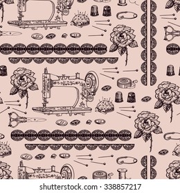 Retro pattern with accessories for needlework. Hand drawing. Seamless for fabric design, gift wrapping paper and printing and web projects.