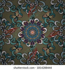 Retro pattern antique style acanthus. Vector illustration. Vintage baroque mandala ornament on blue, brown and black colors. Decorative design element filigree calligraphy.