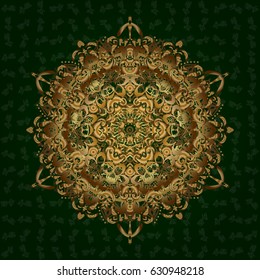 Retro pattern antique style acanthus. Vector illustration. Decorative design element filigree calligraphy. Vintage baroque mandala ornament in gold on green background.