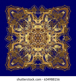 Retro pattern antique style acanthus. Vintage baroque mandala ornament in gold on blue background. Vector illustration. Decorative design element filigree calligraphy.