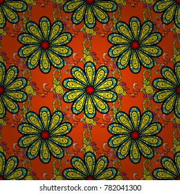 Retro pattern antique style acanthus. Vector illustration. Decorative design element filigree calligraphy. Vintage baroque mandala ornament on orange, black and yellow colors.