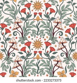 Retro pattern in art nouveau style. Seamless pattern with decorative floral, leaves, sun, mushroom elements. A modern take on 60s and 70s aesthetic. 