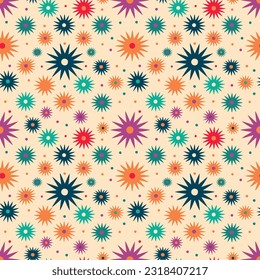 Retro Pattern Atomic Era Stars Seamless Vector Illustration 70s Psychedelia Aesthetic Bold Colorful