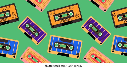 Patrón retro con casetes de audio 80, 90. Fondo disco. Ilustración vectorial en el estilo de la diáspora