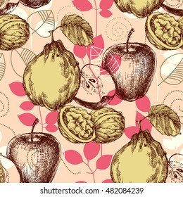 Retro pattern. Autumn fruits and foliage background