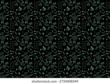 Retro pattern background with geometrical shapes and lines. 80s 90s Memphis style. Black and cyan palette.