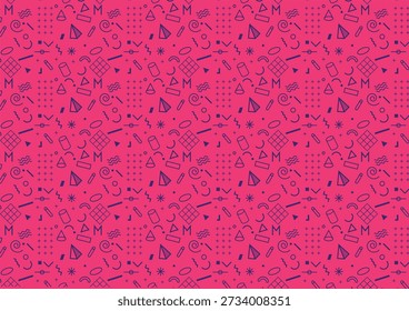 Retro pattern background with geometrical shapes and lines. 80s 90s Memphis style. Purple and magenta palette.