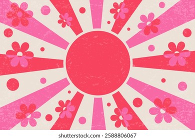 Retro pattern background with groovy wavy sun rays and cute flowers. Vector psychedelic abstract sunshine with vintage grunge texture. 70s summer poster with radial pink beams.