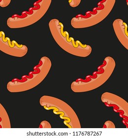 Retro Pattern background Sausages with ketchup and mustard 