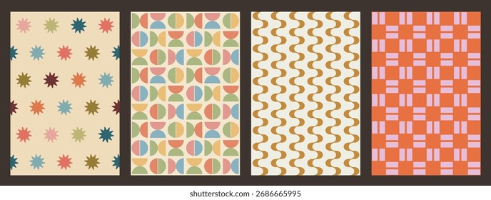 Fondo de patrón retro. Patrones geométricos Antiguas sin costuras. Estrellas, Formas de círculo Bauhaus, groovy hippie años 60, ondas de estilo de los años 70 y rectángulos. Ilustración vectorial.