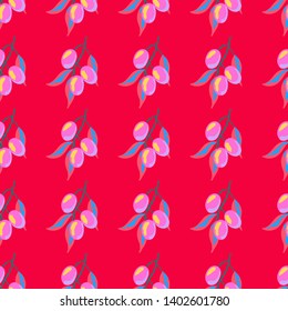 Retro pattern with branches of olive tree. Berry seamless pattern with plums.