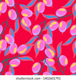 Retro pattern with branches of olive tree. Berry seamless pattern with plums.