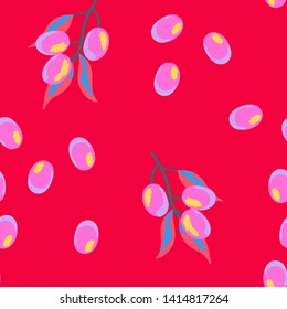 Retro pattern with branches of olive tree. Berry seamless pattern with plums.