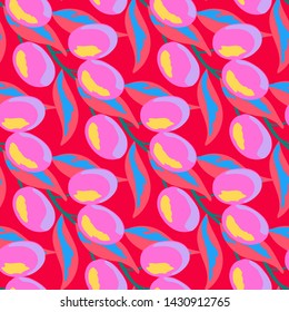 Retro pattern with branches of olive tree. Berry seamless pattern with plums.