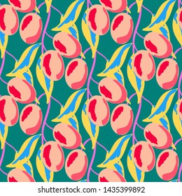 Retro pattern with branches of olive tree. Berry seamless pattern with plums.