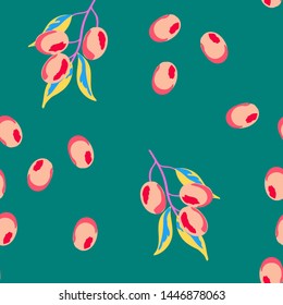 Retro pattern with branches of olive tree. Berry seamless pattern with plums.