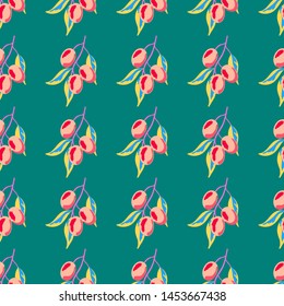 Retro pattern with branches of olive tree. Berry seamless pattern with plums.