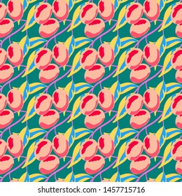 Retro pattern with branches of olive tree. Berry seamless pattern with plums.