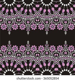 Retro pattern from brilliant stones silk scarf. Beadwork, handmade, hand embroidery. Beautiful jewelry fabric, shawl, wallpaper. Fashion ornament crystal precious, silver  rhinestones - stock vector 