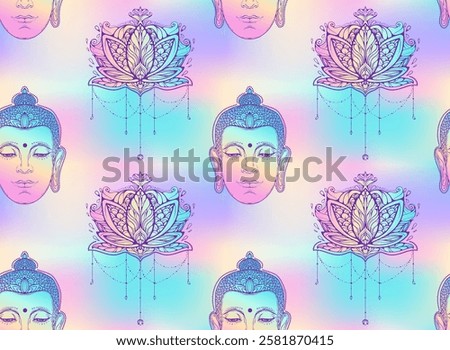 Retro pattern with Buddha and lotus. Boho y2k vibes. 