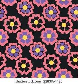 Retro pattern with colorful flowers on black background. Vintage vector groovy flowers. Perfect for surface design, textile, stationery, wrapping paper and covers