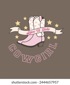 Retro  pattern Cowgirl boots, , lettering phrase, and star. Wild West fashion style vector for invitation, wrapping paper, packaging etc.