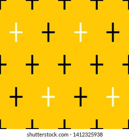 Retro pattern with crosses and pluses. Bright yellow background. Scandinavian flat vintage style. Texture for fabrics, cards, fabrics, posters, boxes, packages, gifts.