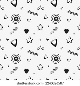 Retro pattern with doodles, hearts, stars, black and white, retro vibe, doodle hand drawn