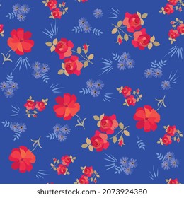Retro pattern with floral design. Red roses and small blue daisies on a deep blue background. Seamless print for fabric in Russian folk style.