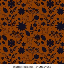 Retro pattern with floral silhouettes. Hand drawn artistic field herbs in black ink. Vintage botanical florals.