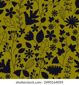Retro pattern with floral silhouettes. Hand drawn artistic field herbs in black ink. Vintage botanical florals.