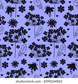 Retro pattern with floral silhouettes. Hand drawn artistic field herbs in black ink. Vintage botanical florals.