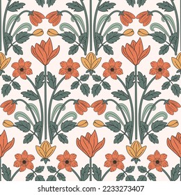 Retro pattern with florals and leaves in art nouveau style. 70s aesthetic background print perfect for textiles, wallpaper, wrapping paper etc. 