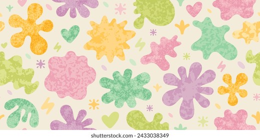 Patrón retro con flores y formas abstractas en estilo y2k. Fondo estupendo, patrón sin fisuras con formas simples lindas y salpicaduras de pintura. Papel pintado floral de primavera con textura, ilustración vectorial