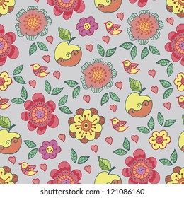 Retro pattern with flowers and birds