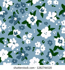 Retro pattern of flowers. Blue background, white and blue flowers. Good for packing, banner, Wallpaper, postcards. Simple seamless pattern.