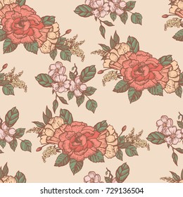 Retro pattern with flowers. Hand drawing. Seamless for fabric design, gift wrapping paper and printing and web projects.